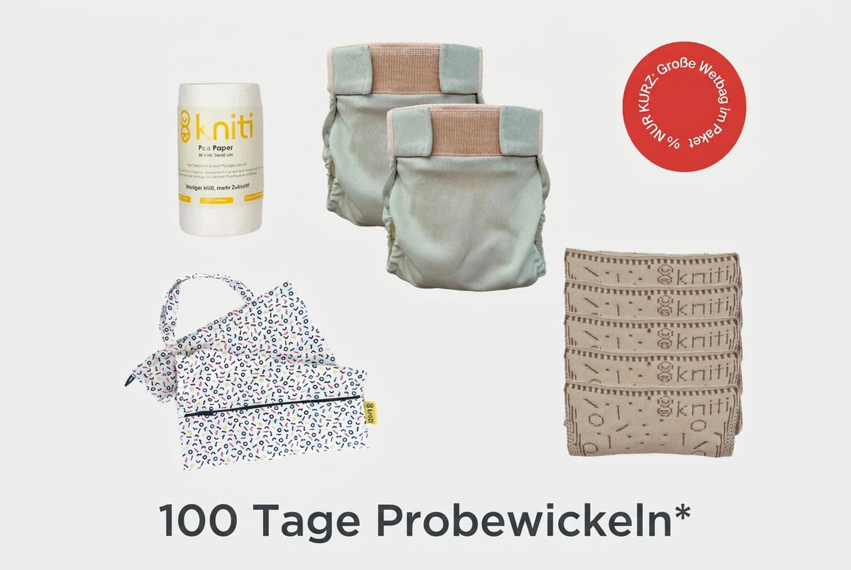 Ab 26.10.2026 100 Tage Probewickeln mit unserem Starterpaket. Probiere unsere kniti Stoffwindel aus und wenn sie dir nicht gefällt sende sie uns zurück. Wie es funktioniert findest du in der Rubrik Rückgabe & Widerruf.