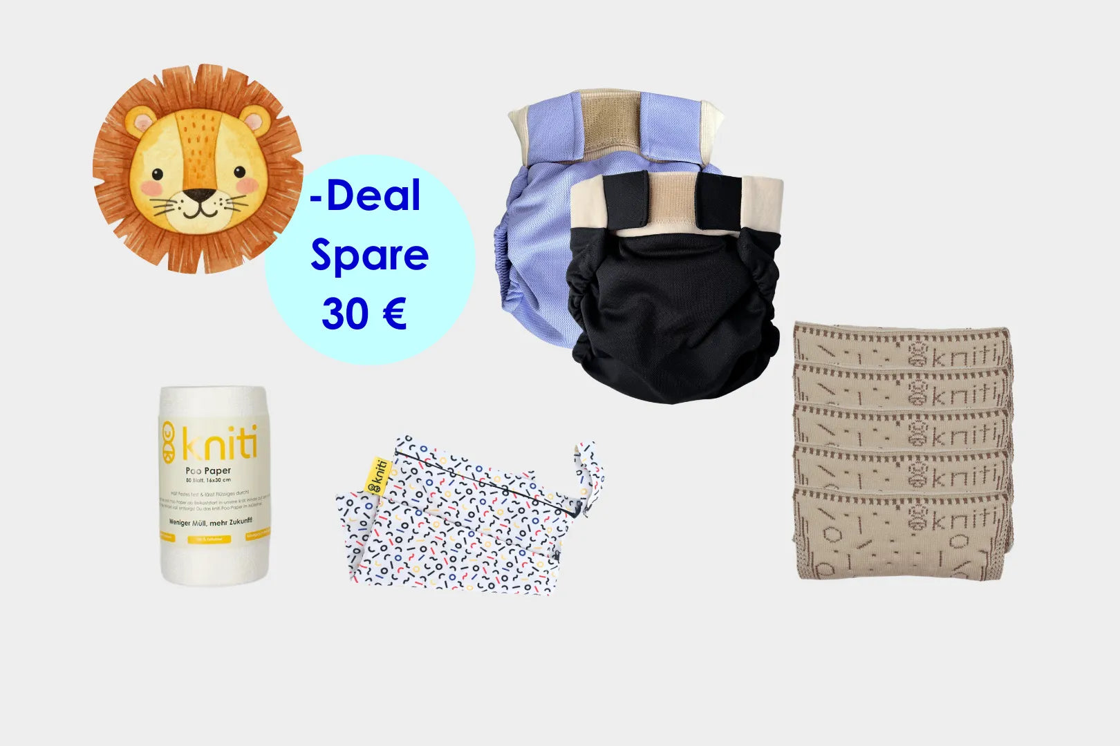 kniti Stoffwindel Löwen Paket - dein Start in eine nachhaltige Wickelroutine - nur für kurze Zeit!