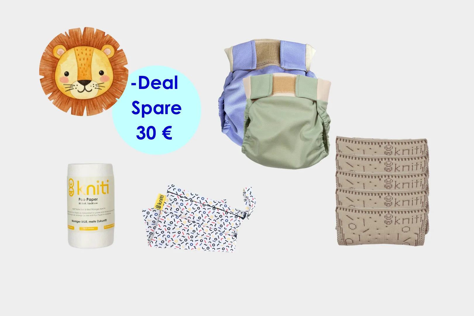 kniti Stoffwindel Löwen Paket - dein Start in eine nachhaltige Wickelroutine - nur für kurze Zeit!