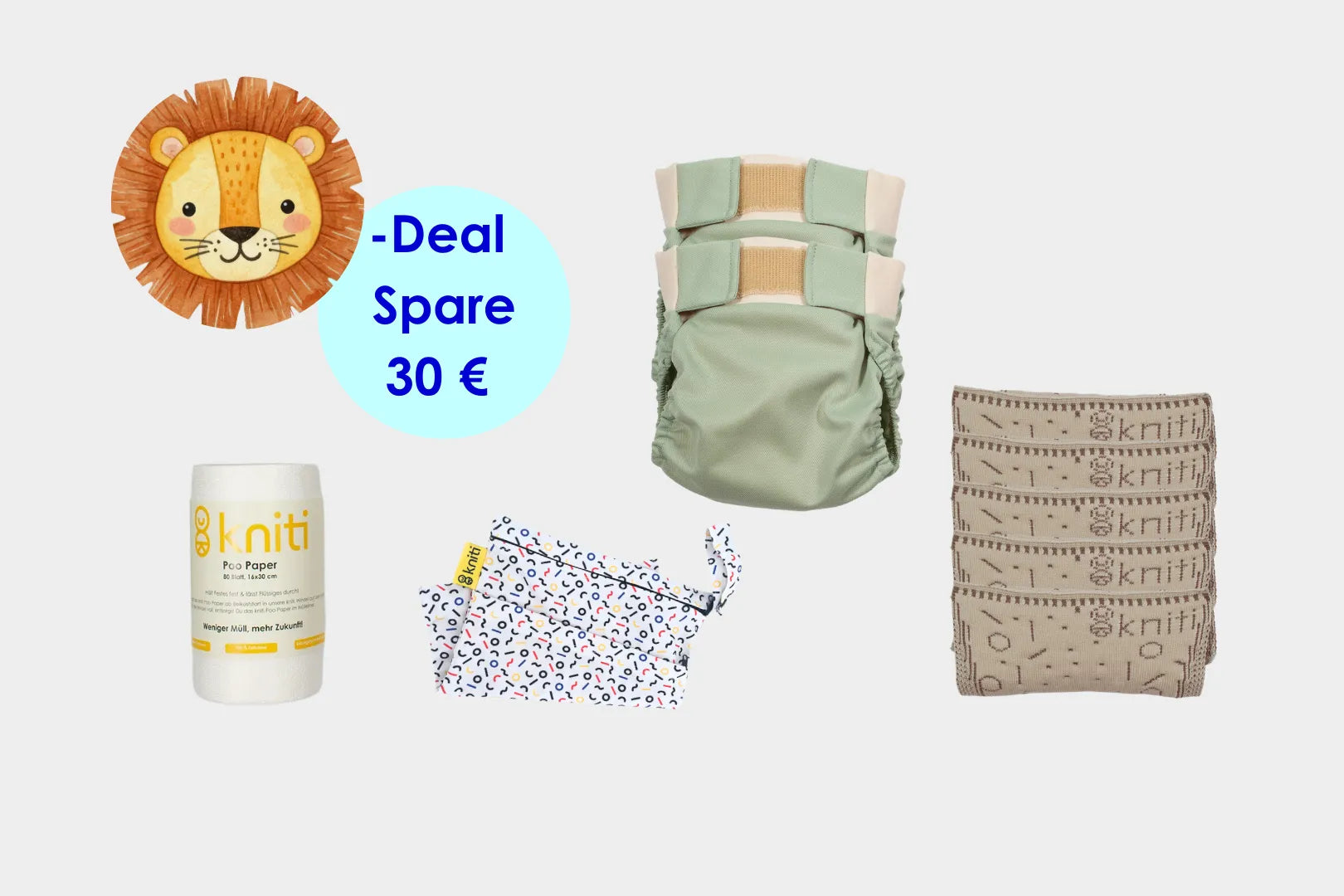 kniti Stoffwindel Löwen Paket - dein Start in eine nachhaltige Wickelroutine - nur für kurze Zeit!