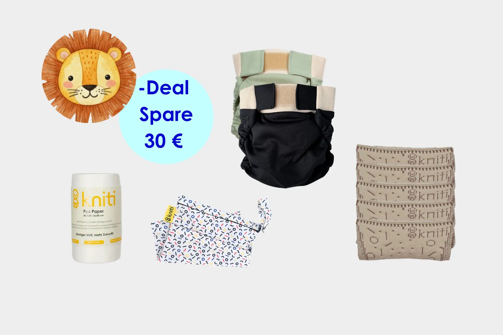kniti Stoffwindel Löwen Paket - dein Start in eine nachhaltige Wickelroutine - nur für kurze Zeit!